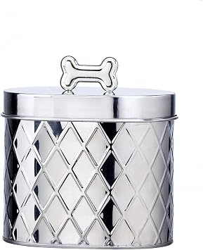 Amici Pet, Chance Oval Metal Treats Storage Canister, Stainless Steel Diamond Texture, Silver Tone Bone Knob, Food Safe, 52 Ounces