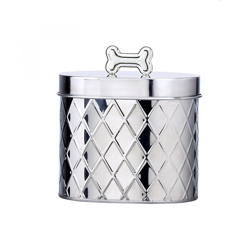 Pote metálico para armazenamento de petiscos para cães Amici Pet Chance, textura diamante e puxador de osso Silver, 1 unidade