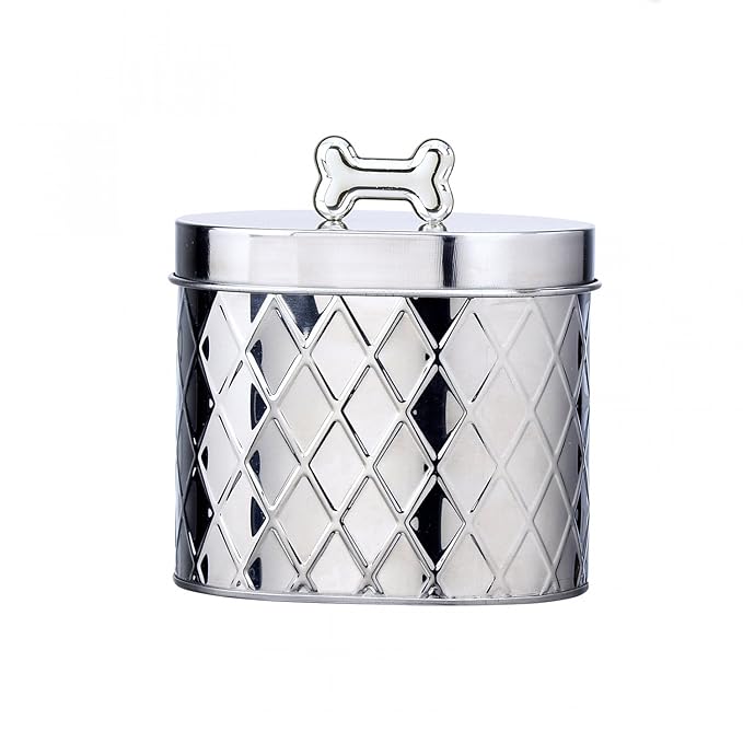 Amici Pet, 7CDI034R, Chance Oval Metal Treats Storage Canister, Stainless Steel Diamond Texture, Silver Tone Bone Knob, Food Safe, 52 Ounces