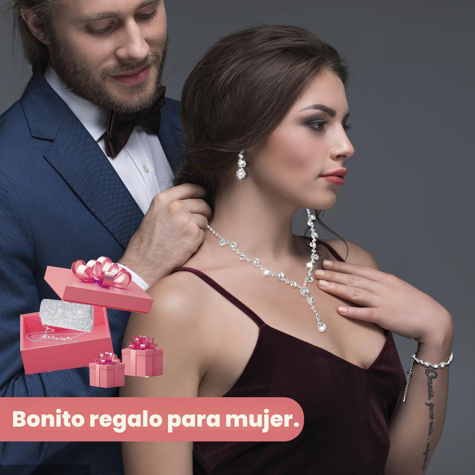 Yolev Conjunto Joyas Mujer de Boda Nupcial Bolso de Embrague de Plata Bolso de Cena Joyas de Diamantes de Imitación Collar Pendientes Novia Pulsera Conjunto de Joyas de Baile Dama de Honor Nupcial