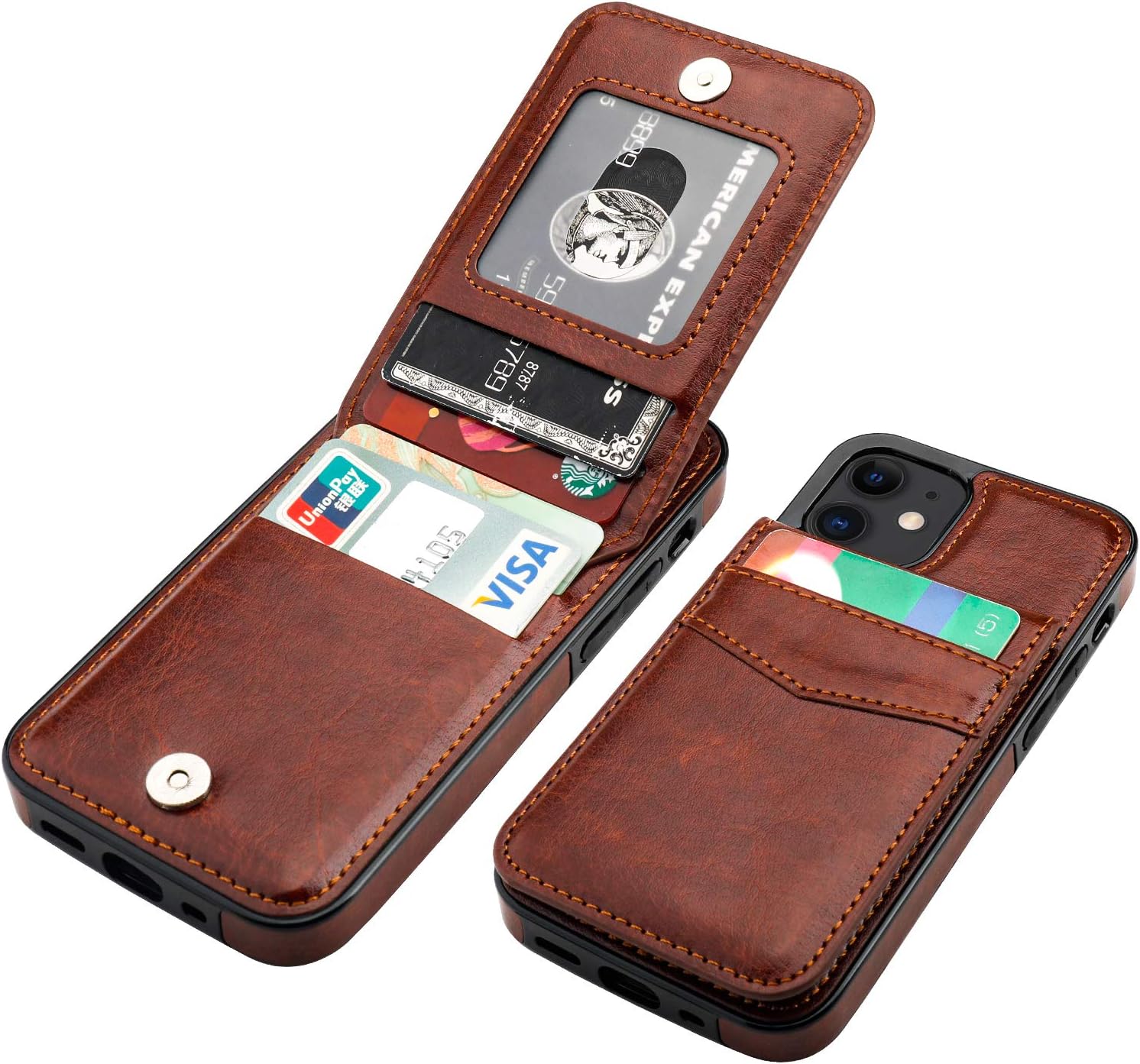 Compatible with iPhone 12 Mini Case Wallet with Credit Card Holder, Premium Leather Magnetic Clasp Kickstand Heavy Duty Protective Cover for iPhone 12 Mini 5.4 Inch(Brown)