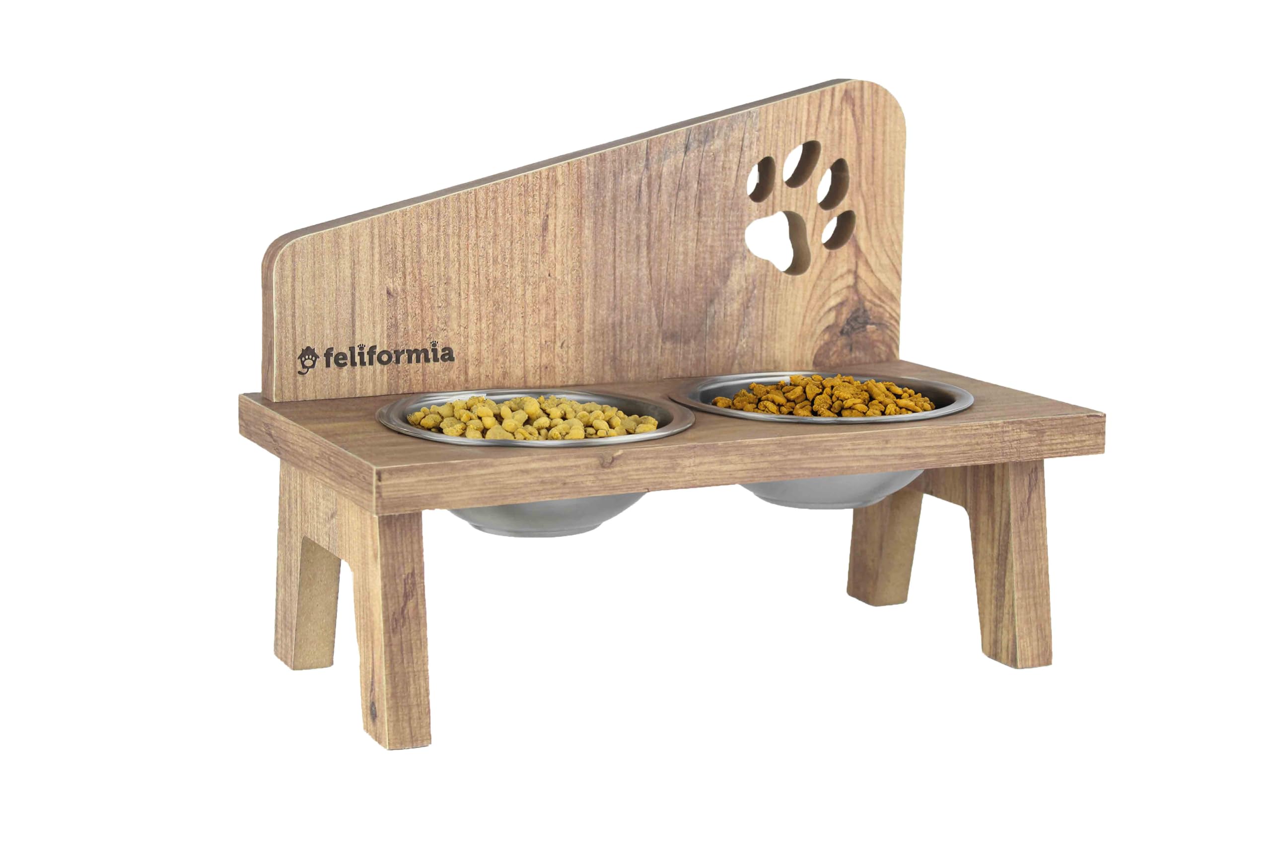 Feliformia® - Cuenco para gatos (600 ml, soporte de madera, con dos cuencos, acero inoxidable)