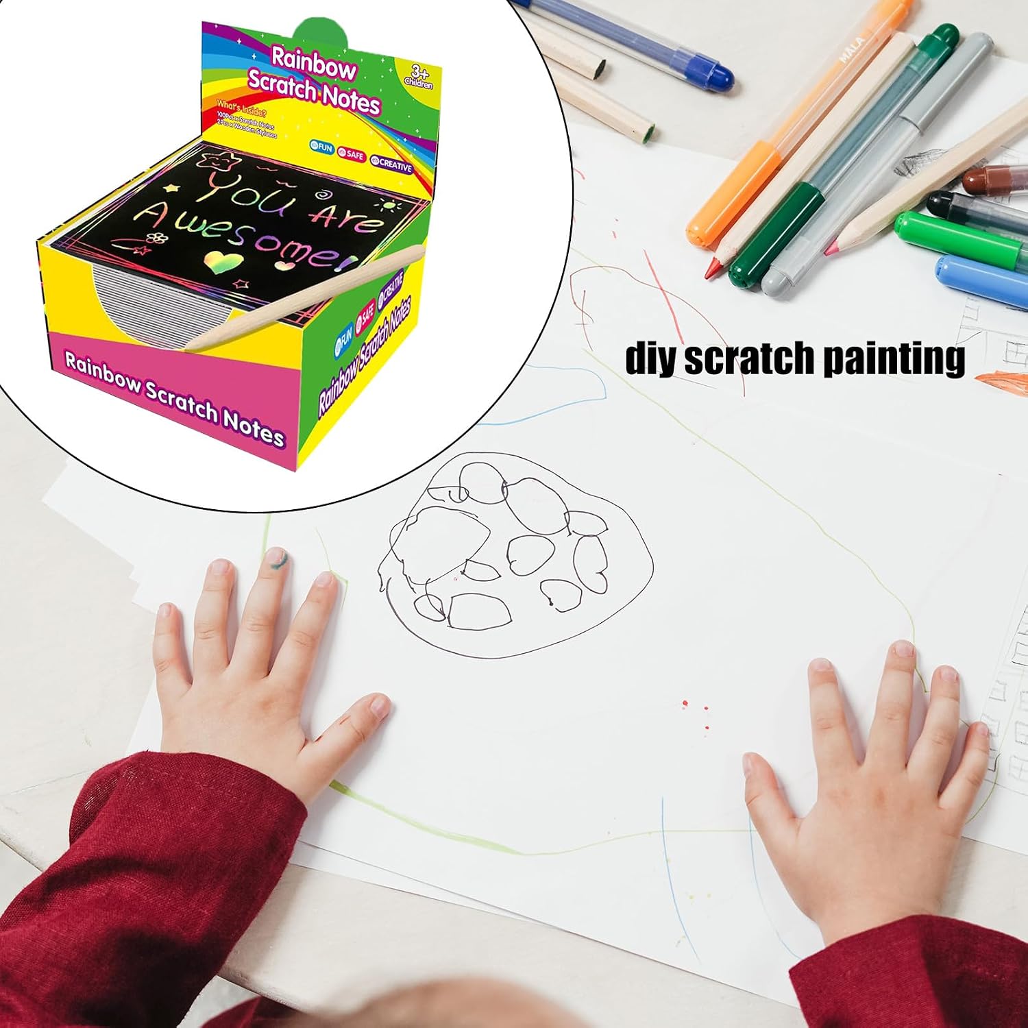 Rulbelok 100 Pcs Colorful Scratch Notes Paper Set with Pen for Creative Fun Art Paper Kits with Rainbow Color Sheets Notes for Kids