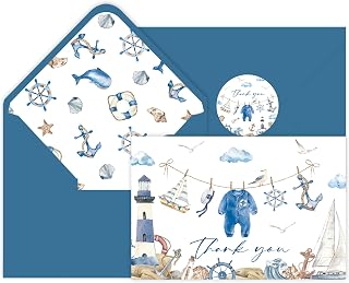 24 Pack Nautical Baby Shower Thank You Cards with Envelopes Watercolor Blue Ocean Theme Thank You Notes for Boy Baby Shower