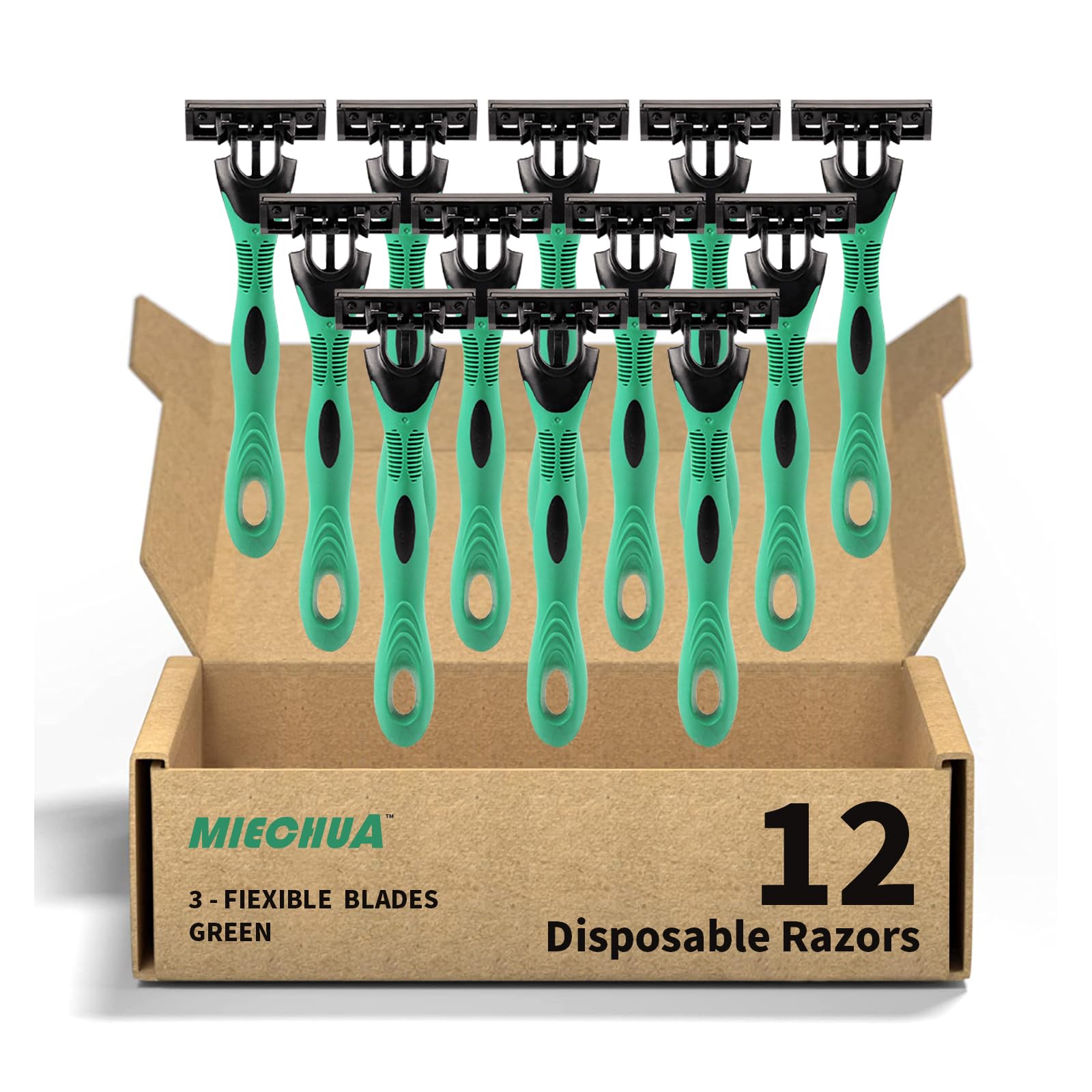 Men's Disposable Razors, 3-Blade Razors with Lubricating Strip and Pivoting Head, | Disposable Mens Razors for Shaving Sensitive Skin 12 count Green