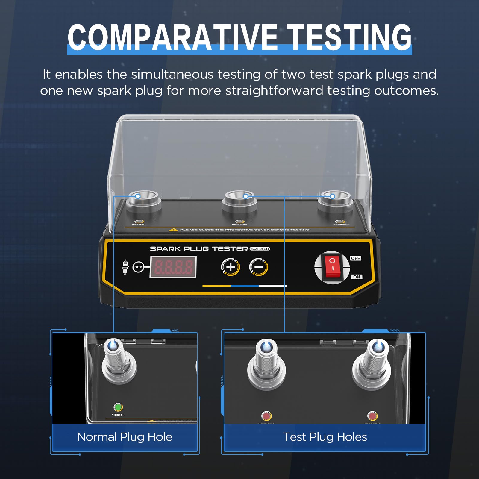 Tester per candele per auto, analizzatore per candele di accensione per motori automobilistici da 220 V Tester di accensione da 200-9000 giri/min con copertura protettiva con presa da 12 mm a tre fori