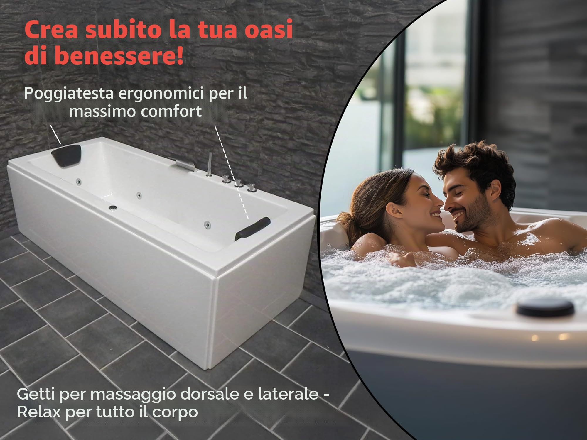 Whirlpool Vasca Venezia Made in Germany Destra o Sinistra 150/160/170 x 75 cm con 6 Massaggio Ugelli + con Rubinetti Runde Destro/Sinistra Vasca Angolare