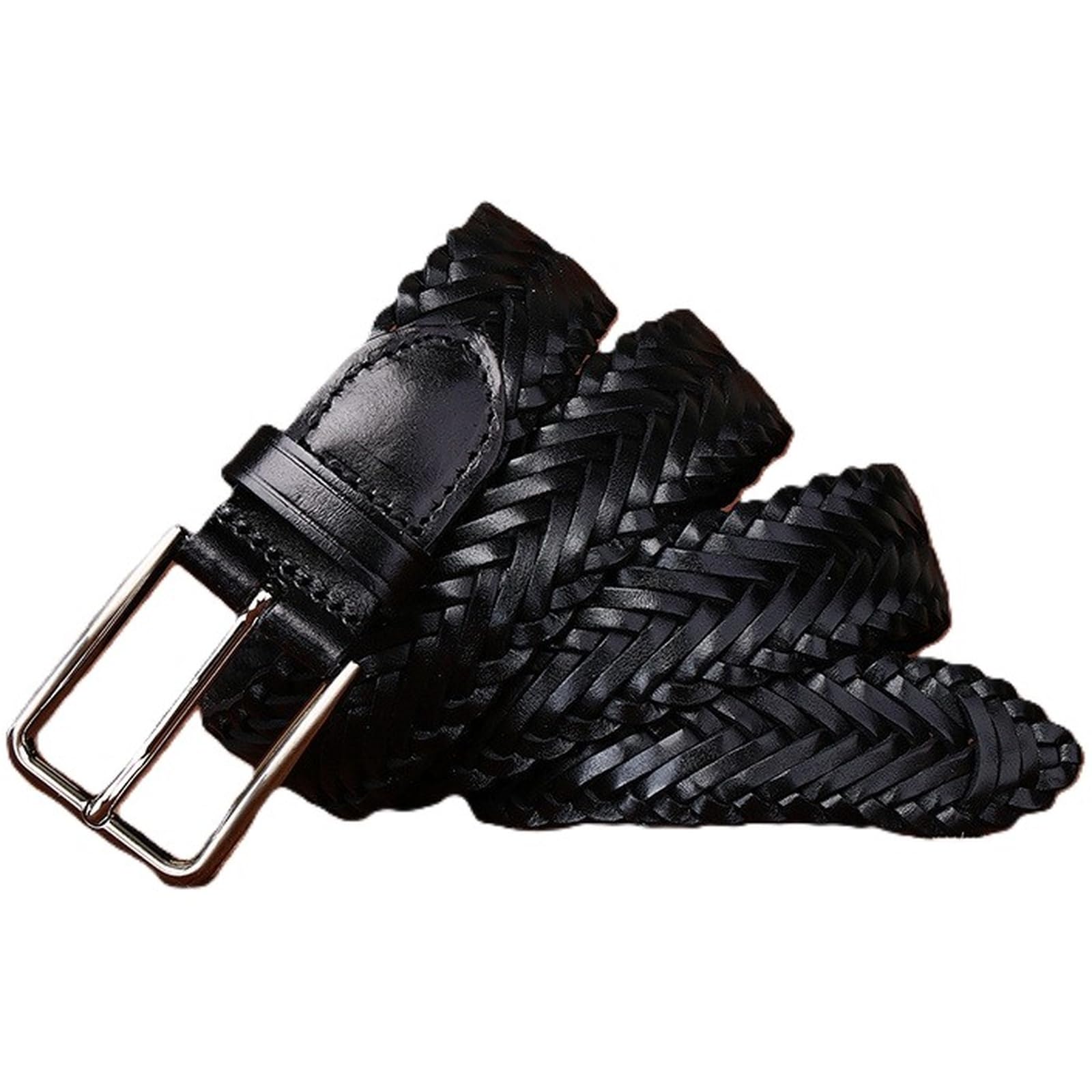 Genérico Mujer Cinturón Trenzado De Piel De Vaca para Jeans, Pantalones Y Vestidos 3,3cm De Ancho Correa Tejida a Mano Cinturones con Hebilla Plateada(115cm/45, Black)