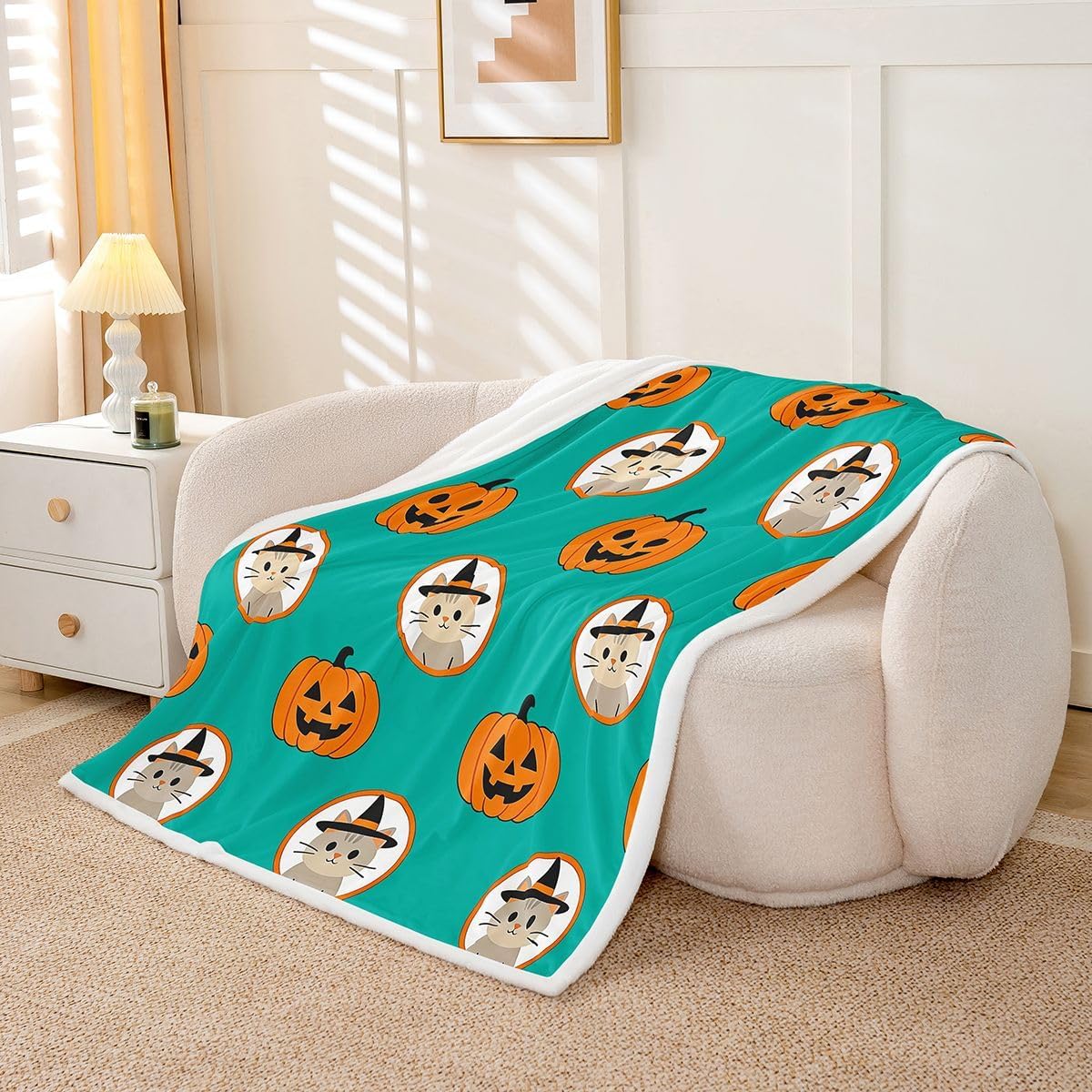 Feelyou Halloween Decor Fleece Throw Blanket Cats Sherpa Blanket for Kids Women Men Plush Fuzzy Pumpkin Twin 60"x80" for Bed Couch Chair Living Room Bedroom Decor