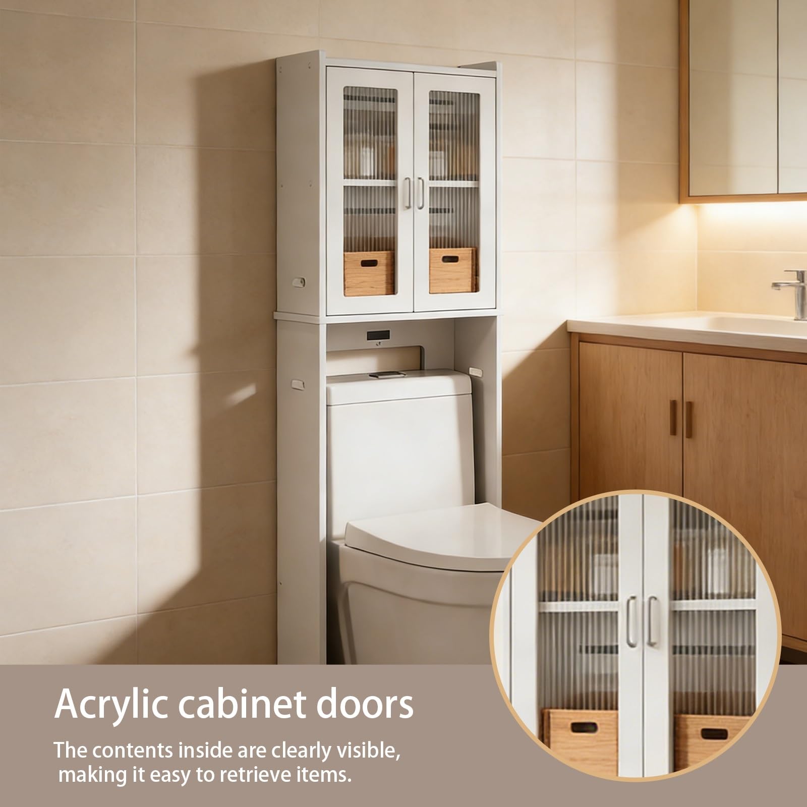 Armadietto sospeso sopra il WC, scaffale in legno con ante in acrilico, nizer per bagno, mensola salvaspazio da mettere sopra il WC (47,8 x 110 cm)