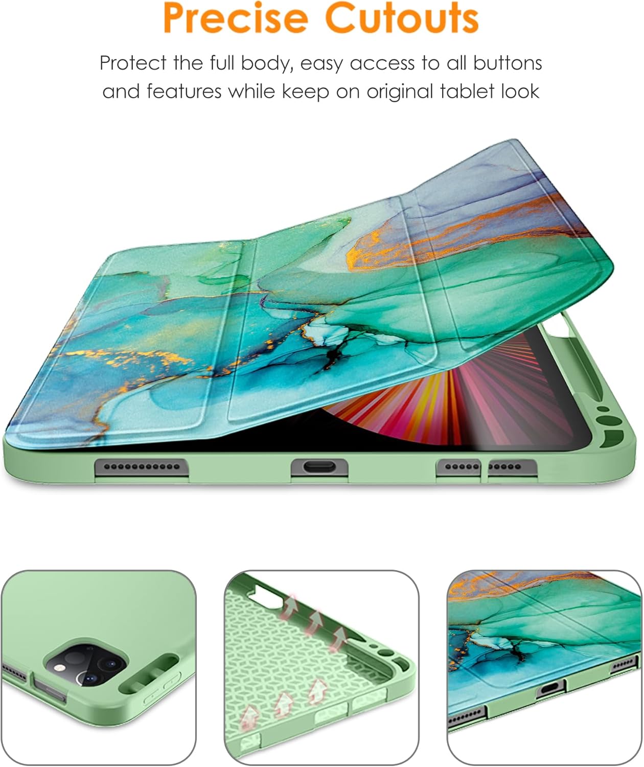DTTO for iPad Pro 11 inch 4th/3rd/2nd/1st Generation 2022/2021/2020/2018 Case, Smart Slim Trifold Stand Soft TPU Back Cover with Built-in Pencil Holder, Also Fit iPad Air 5/4,Marble Green - Image 6