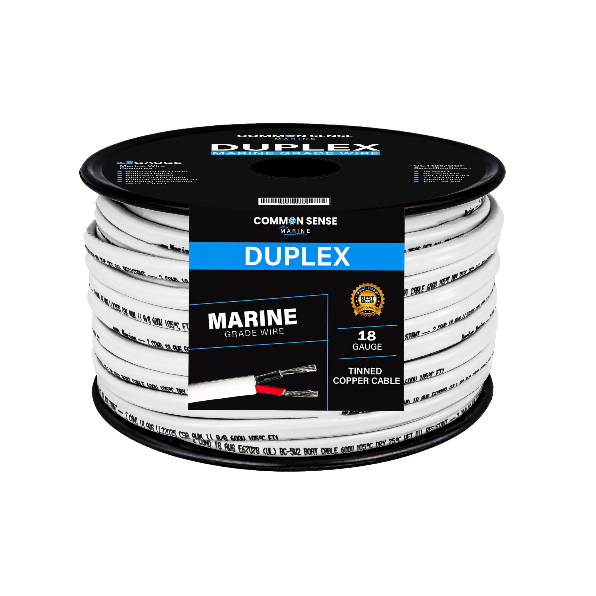 18 Gauge 2 Conductor Marine Wire - 200 ft Duplex Flat Marine Grade Wire Tinned Copper Oxygen-Free Insulated - 18/2 AWG UL 1426 Standard PVC Wire for