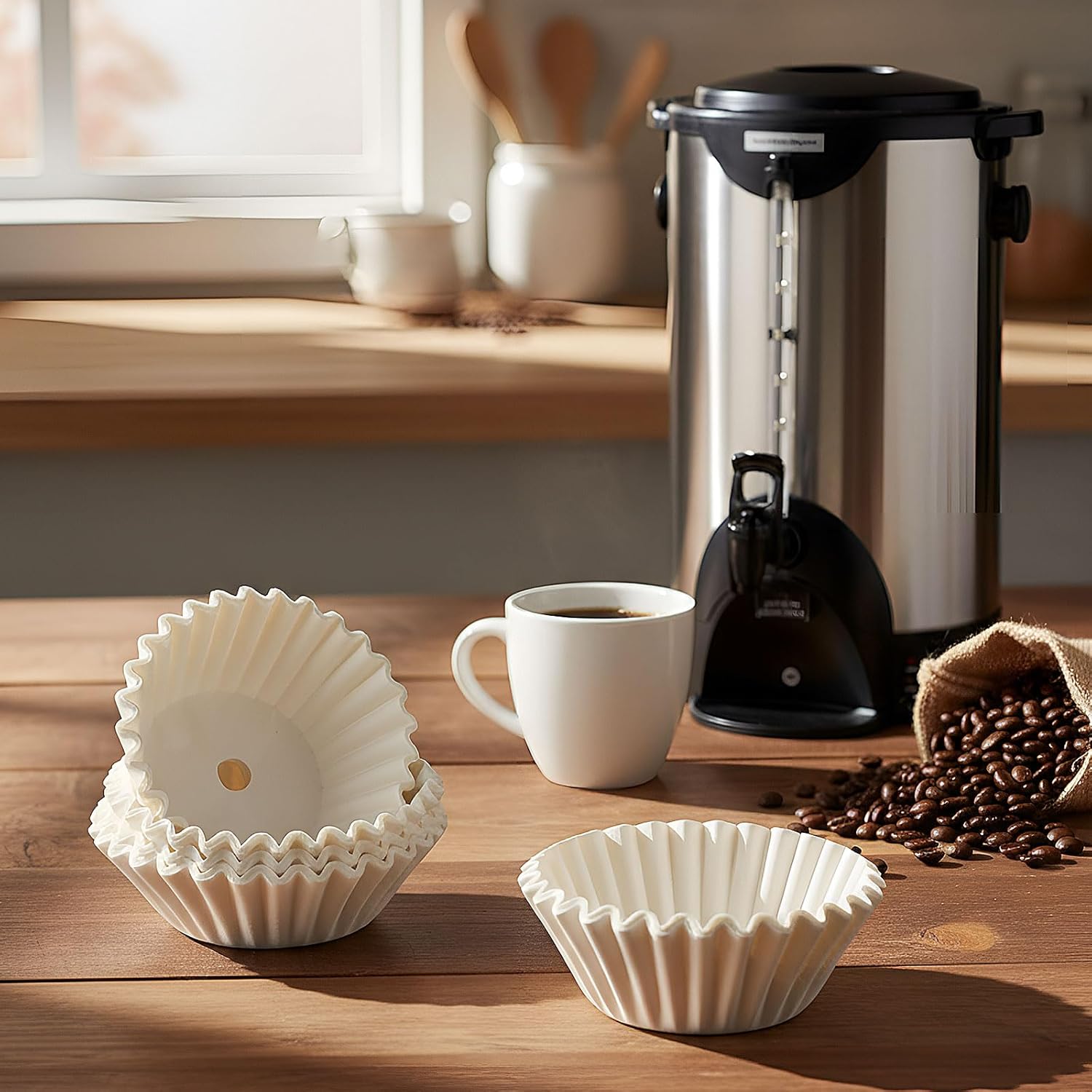 Feifeiya 100 Pcs Pre-punched Holes Coffee Filters for 30cup 45cup 100 Cup Coffee Urn Brewing Basket & Hot Beverage Dispenser Disposable Natural Wood Pulp Paper Filters with Tall-sided Design(White)