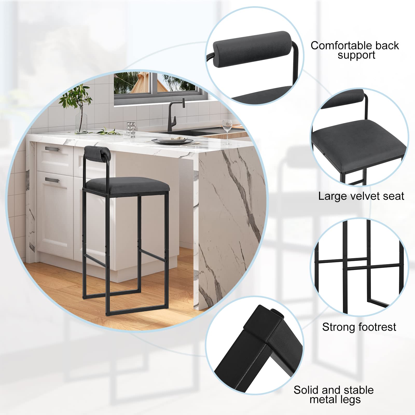 WOLTU 2x Sgabelli da Bar con Poggiapiedi, Sedie Alte con Schienale, Design Moderno, Sgabelli da Cucina Imbottiti in Velluto e Metallo, Grigio Scuro BH343dgr-2