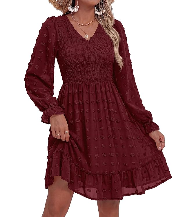 BTFBM Summer Dresses for Women 2026 Long Sleeve Casual V Neck Swiss Dot Smocked Ruffle Chiffon Flowy Mini Fall Dress(Wine Red, Medium) by BTFBM - Image 5