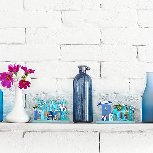 Miniatura 3 de Blulu 2 letreros de mesa de playa, decoración de mesa de madera del océano, letrero de playa con texto en inglés "Beach Is My Happy Place", letrero
