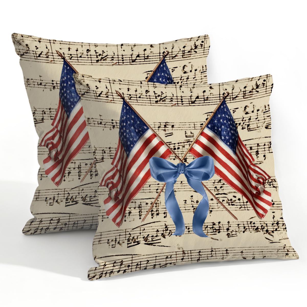 Outdoor Pillow Covers Waterproof Pillowcases 22x22in Set of 2 Patriotic USA Flag Bow On Music Notes Decorative Throw Cushion Case for Couch Sofa Garden Patio Furniture
