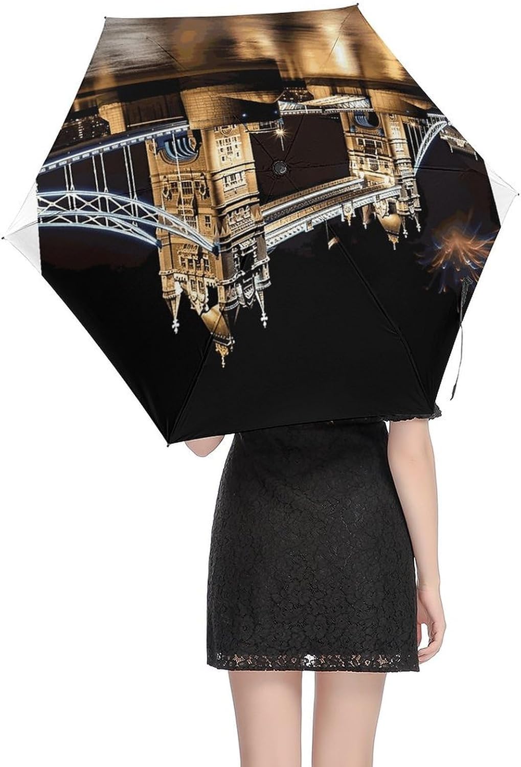 Night London Tower Bridge Umbrella, Strongest Windproof 5-Fold Travel Umbrellas, Premium Portable Folding Umbrella for Rain & Sun, Compact Umbrellas for Purse Backpack, Outdoor & Gifts