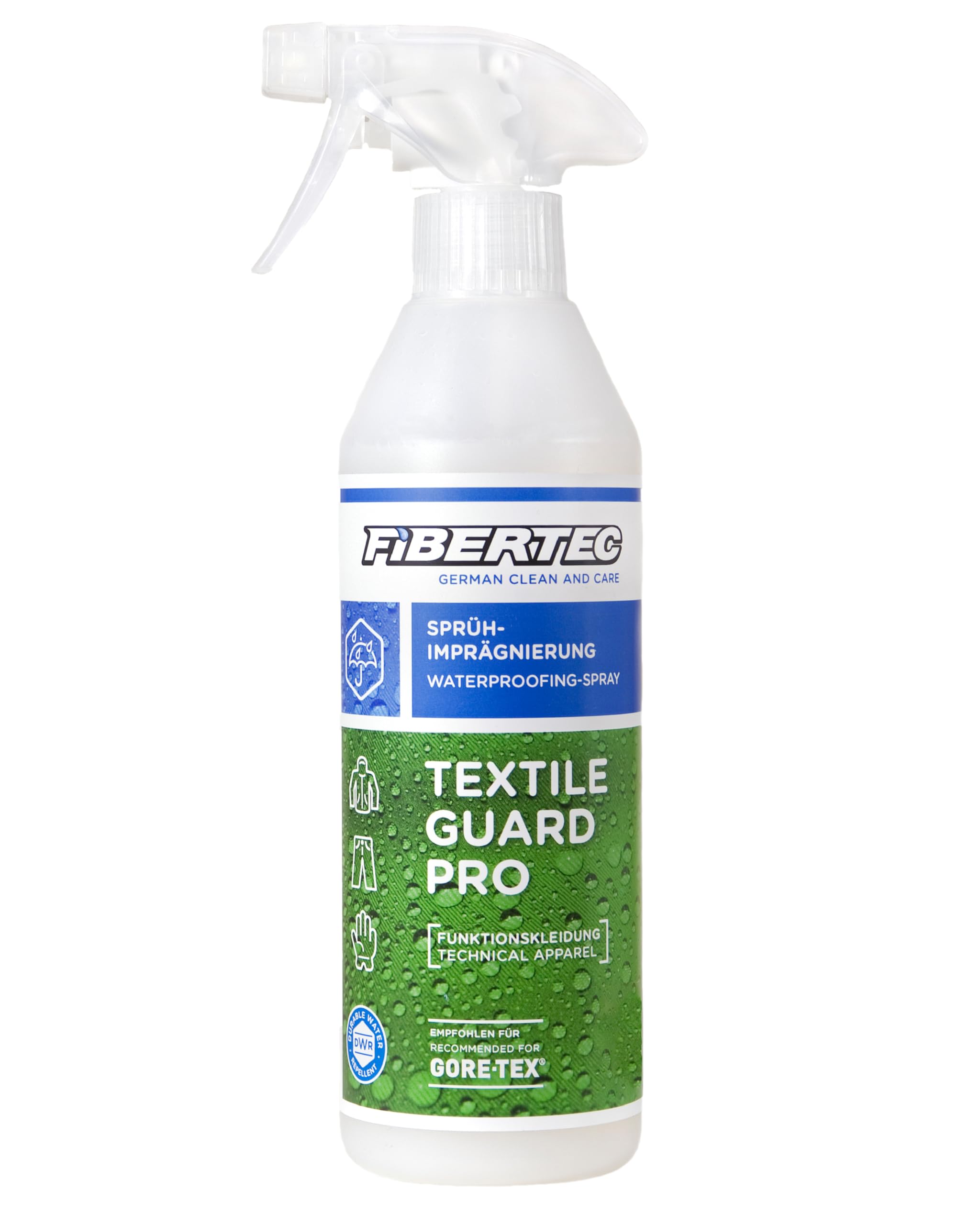 FIBERTEC Textile Guard Pro Imprägnierspray für Jacken & Outdoor-Kleidung 500ml - Wetterschutz mit hochwertigen Wirkstoffen, Imprägnierung in 100% recycelter Flasche, Made in Germany