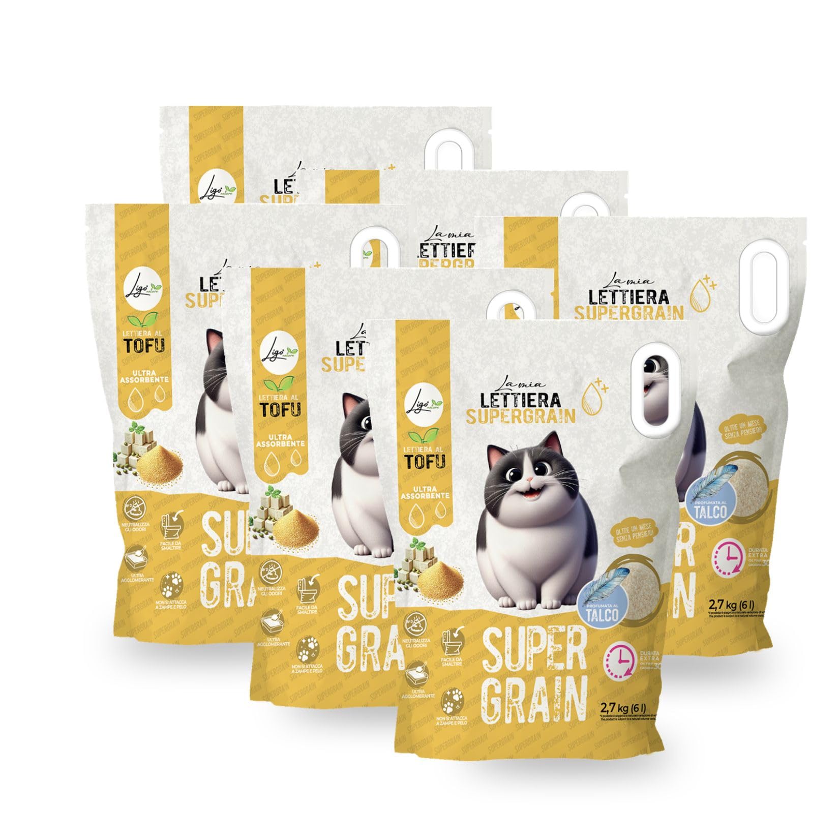 Ligo Nature Lettiera Supergrain gatto |Tofu neutro |ecologica|ultra assorbente|assorbimento rapido|controllo degli odori| 6 confezioni da 6 l (6 l, neutro)