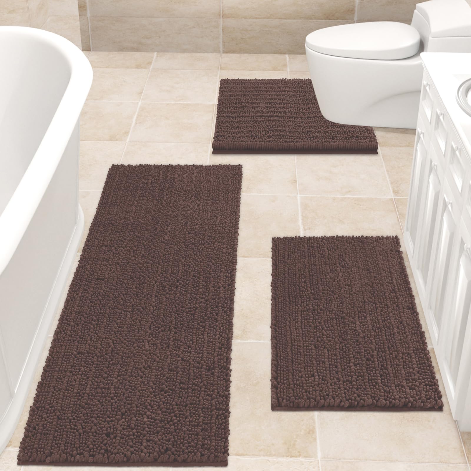 (similar to stock photo) ultra soft, thick absorbent bath mats, non slip chenille toilet mat for bathroom, bedroom, kitchen, dark coffee