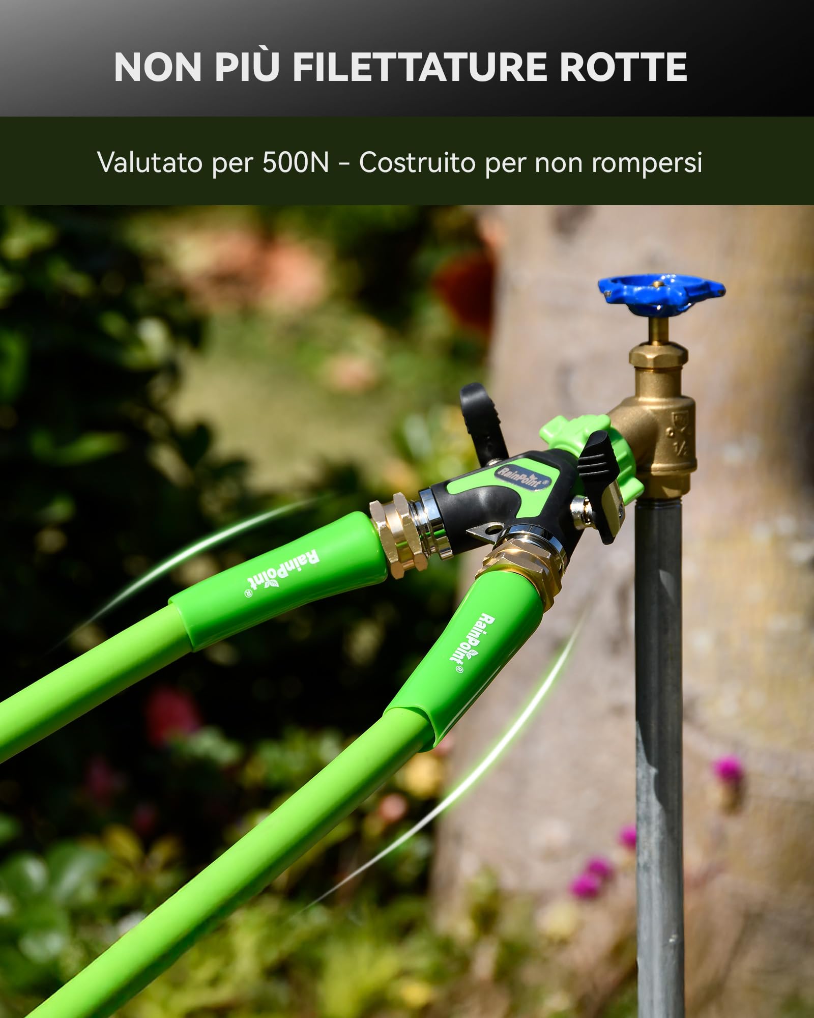 RAINPOINT Deviatore a 2 Vie, Raccordo a Y in Metallo Robusto per Tubo da Giardino con Maniglie Laterali da 5.2cm e Valvole di intercettazione, Divisore Acqua 3/4" e 1/2" per 2 Dispositivi, Verde