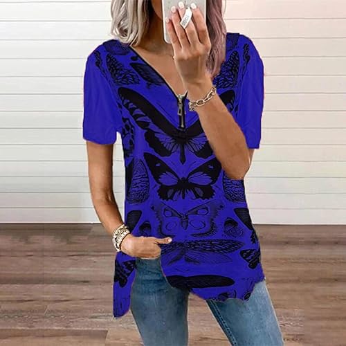 Miniatura 2 de JEGULV Camisetas de verano para mujer, manga corta, hombros descubiertos, a la moda, sexy, cuello en V profundo, túnica con cremallera, blusa de
