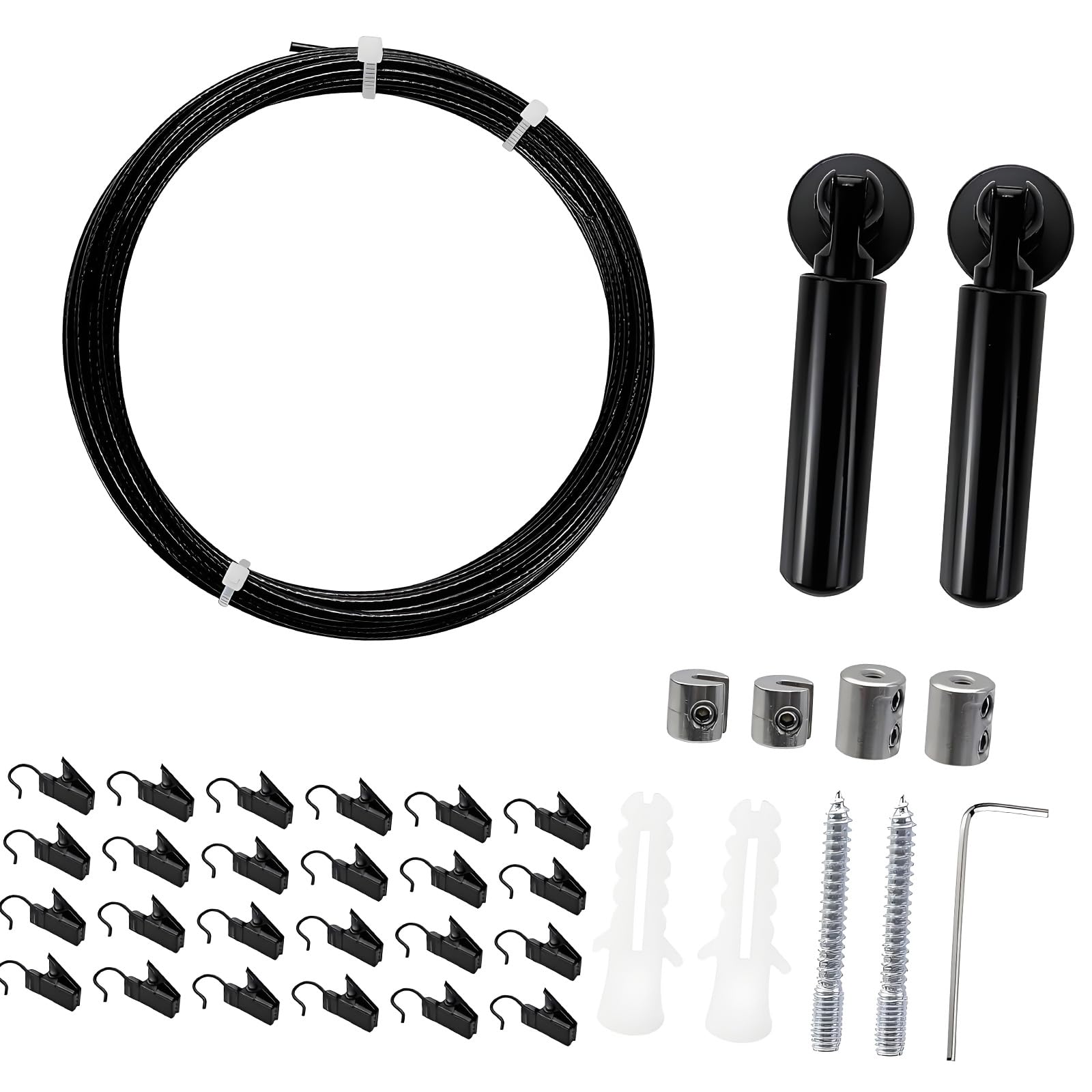 Elnwnnkc Wall Mount Curtain Wire Rod Set Multifunctional Metal Clothesline Picture Hanging Wire with 24 Clips for Clothes Curtain Rod with Hanging Clips