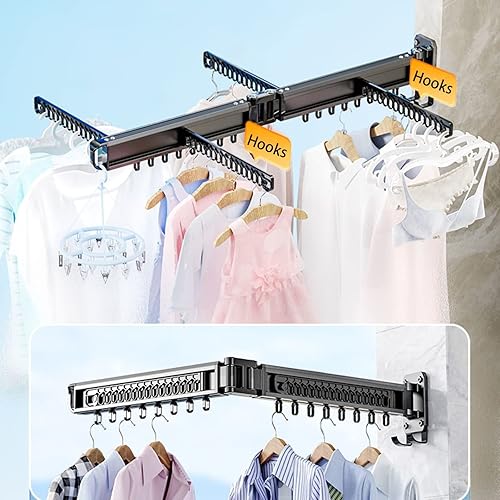 Miniatura 4 de SKIITOON Estante de secado montado en la pared gancho retráctil para ropa barra de aluminio giratoria de 360 soporte plegable para ropa para balcón