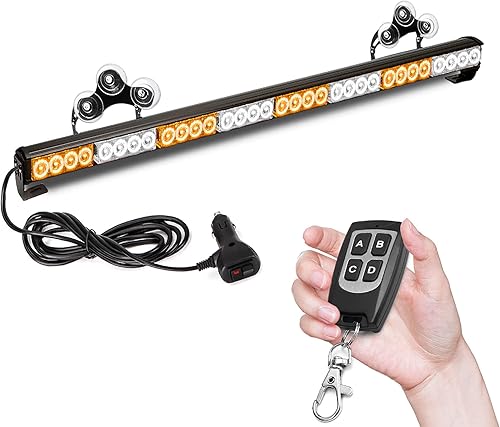 32 LED 35.5" High Intensity Hazard Emergency Warning Amber White Traffic Advisor Flash Strobe Directional Light Bar with Wireless Remote Control