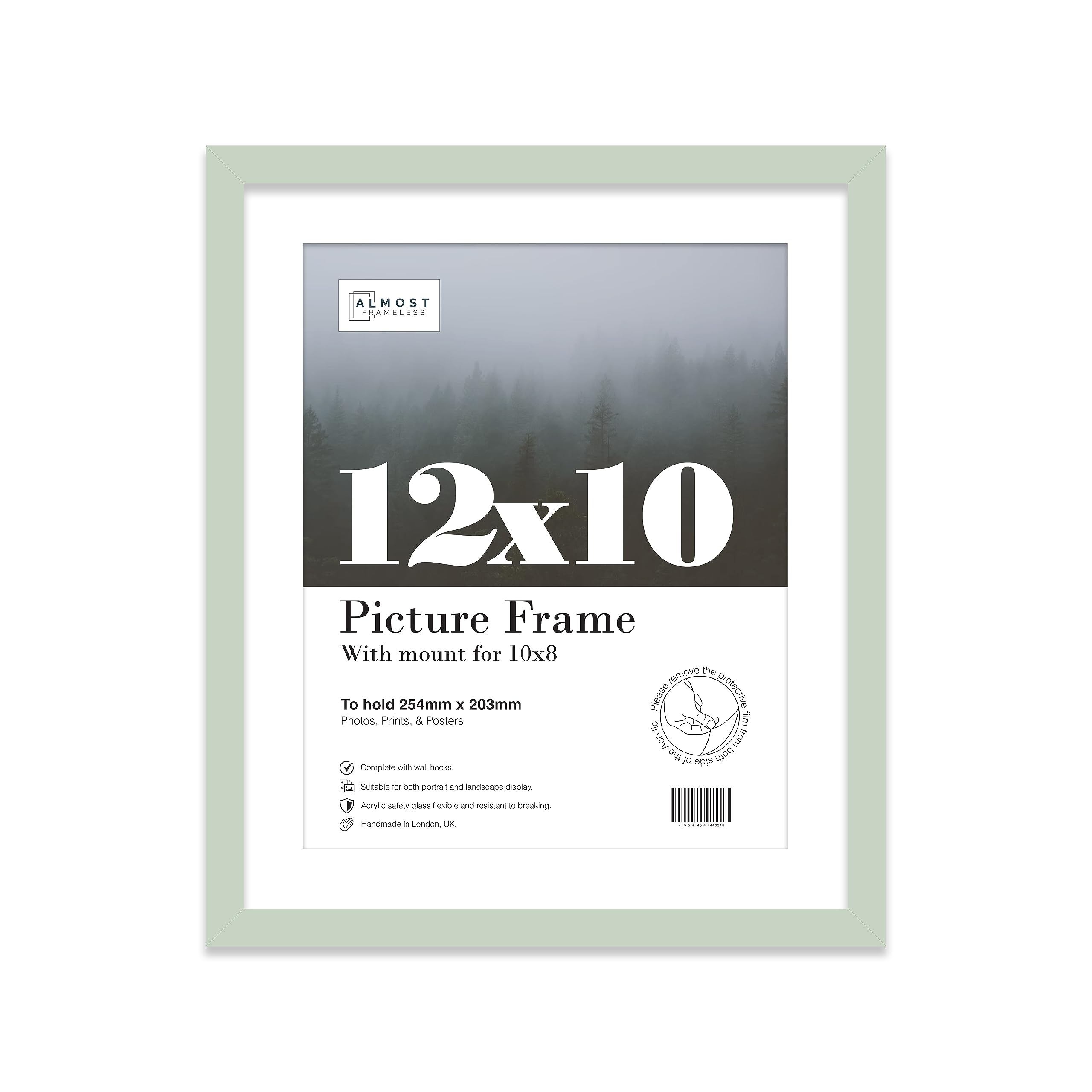 Almost Frameless 12x10 Mint Picture Frame With Mount for 10x8 Print, Poster or Photo Poster, Photo, Artwork, or Print. Thin Edge Slim Frame Portrait and Landscape Display with Wall Hooks