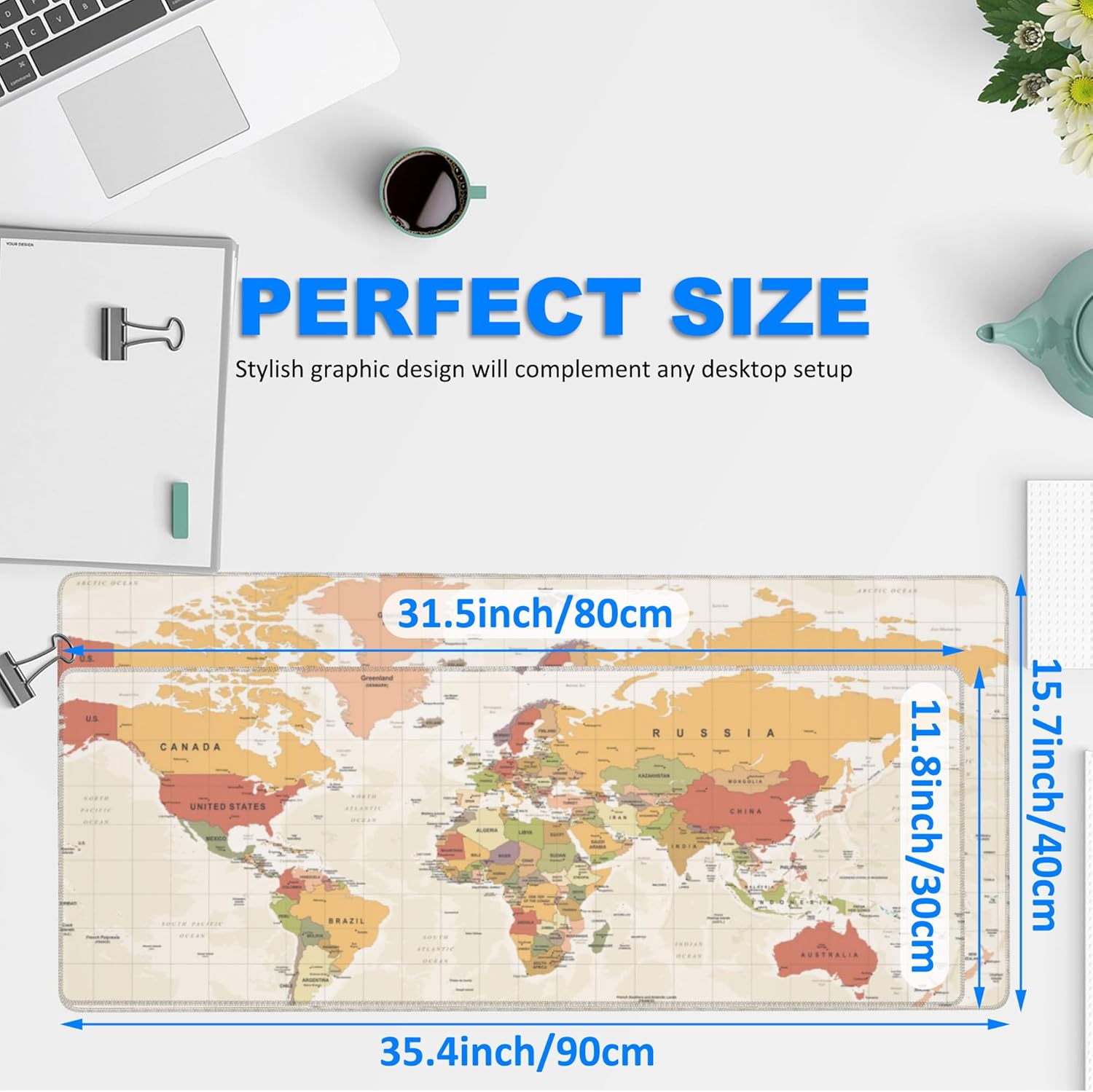 Desk Mat, Yellow Vintage World Map Extended Gaming Mouse Pad Large, 31.5"x11.8" Big Mouse Pad with Non-Slip Base and Stitched Edge, Long Computer Keyboard Mouse Mat for Home Office Work - Image 2