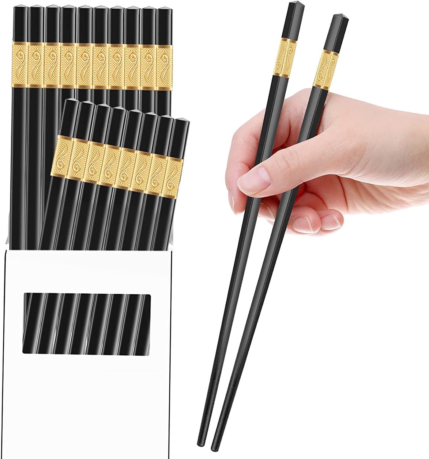 Black Alloy Chopsticks Set, 10 Pairs Reusable, Dishwasher Safe, 9.5 Inch Fiberglass, Japanese Chinese Korean for Food, Non-Slip, Easy to Use