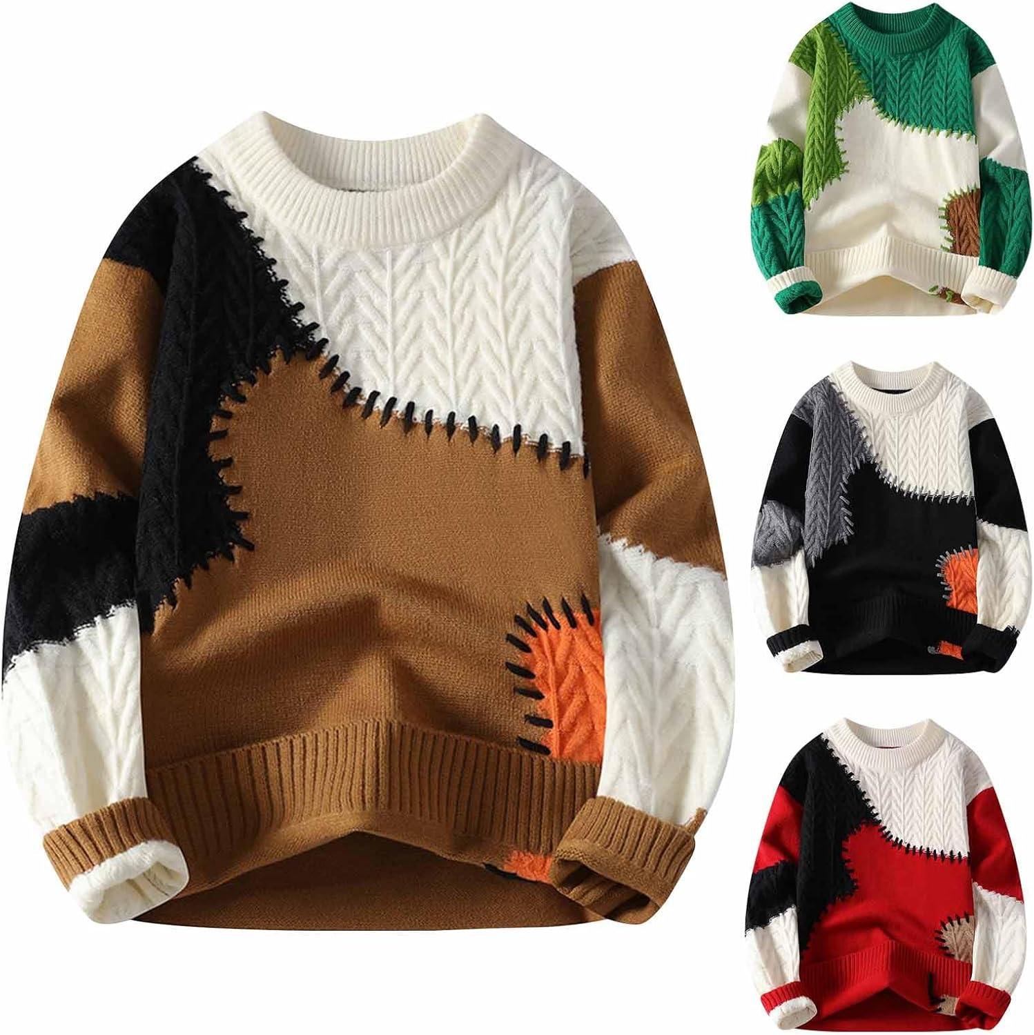 Cambkatl Men's Cable Knitted Pullover Sweaters, Basic Color Block Winter Crewneck Loose Long Sleeve Casual Sweater Tops