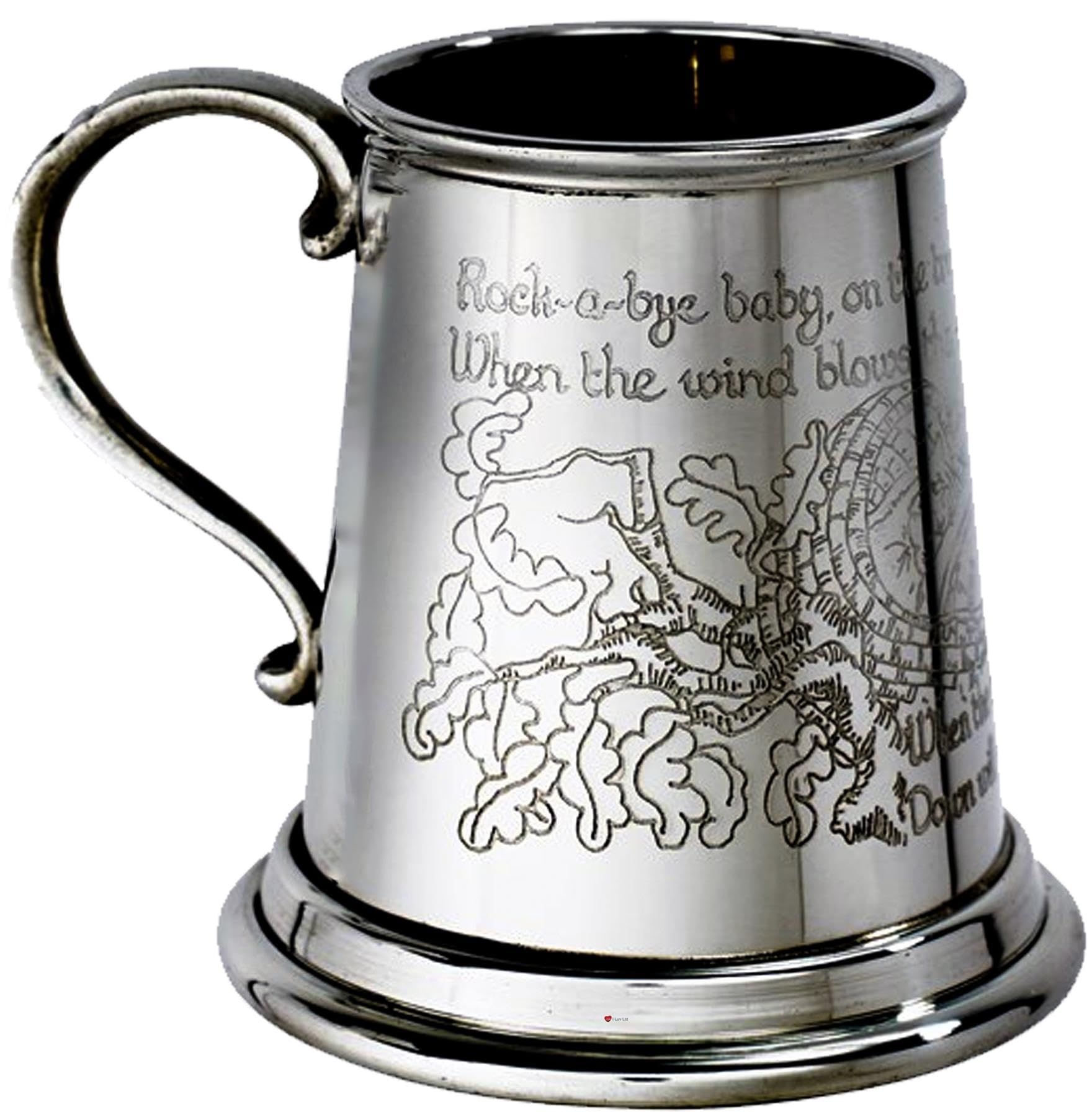 Taza de bautizo de estaño grabada con nana Rock A Bye Baby tradicional