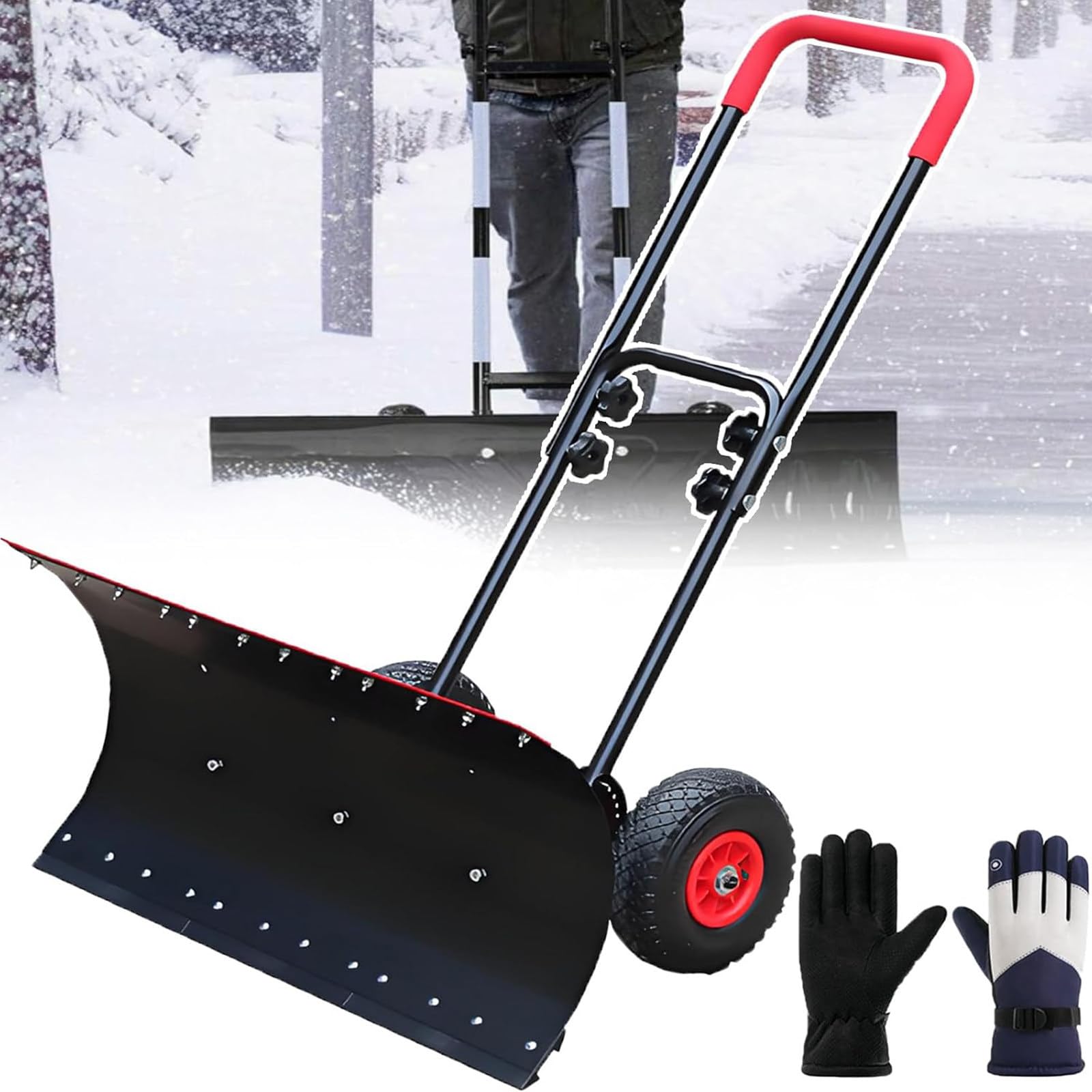 Pala de nieve rodante resistente con ruedas, empujador de nieve de acero al carbono con mango ajustable y cabezal de pala de 360°, para calzadas, aceras, jardines