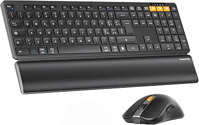 ProtoArc KM60 Tastiera e Mouse Wireless Bluetooth, Ricaricabile | Full-size con Poggiapolsi, Italiano QWERTY, 2,4 GHz + 2*Bluetooth, per Laptop, Mac, Windows - ‎Nero