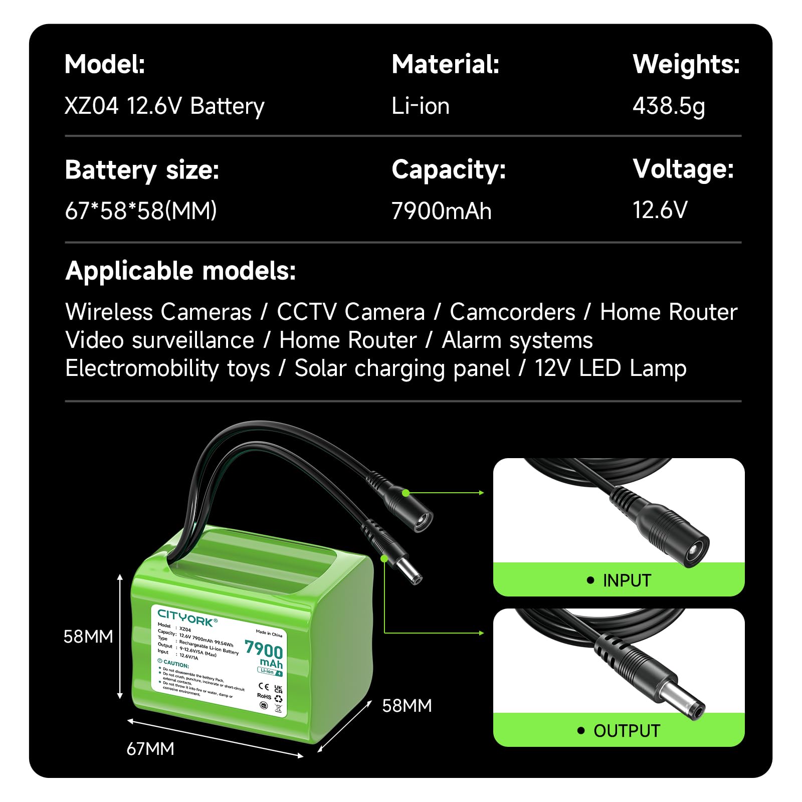 CITYORK Batería de litio recargable de 12,6 V 7900 mAh para faroles solares al aire libre, cámaras CCTV, cámaras digitales, videocámaras, reproductores de CD, dispositivos Bluetooth, radio, altavoz