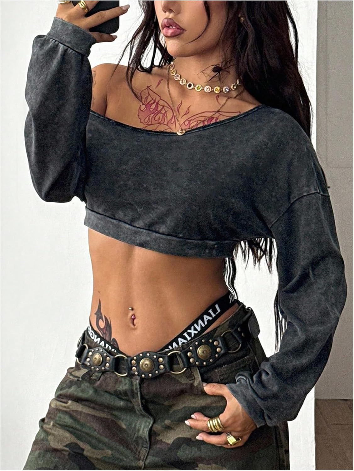 Women's Washed Off Shoulder Tops Streetwear Crop Tops Long Sleeve T Shirts - Image 4