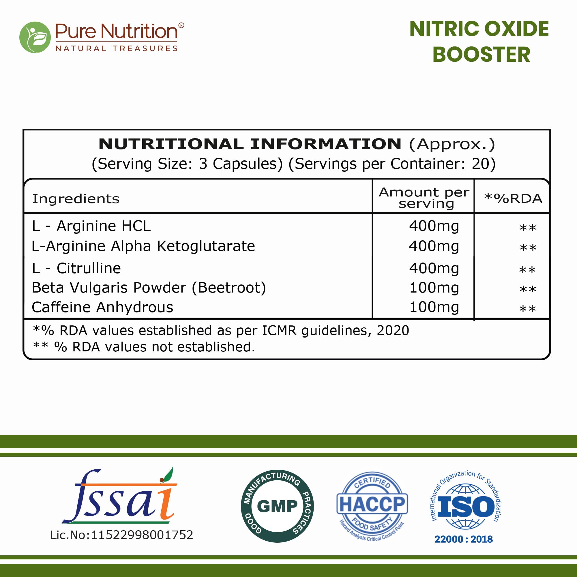 Pure Nutrition Nitric Oxide Booster Supplement 1400mg | Nitric Oxide Booster for Men and Women With L-Arginine, L Citrulline & Caffeine For Muscle Growth Recovery, Immune Booster & Energy Management - 60 Veg Capsules — Amazon image 2