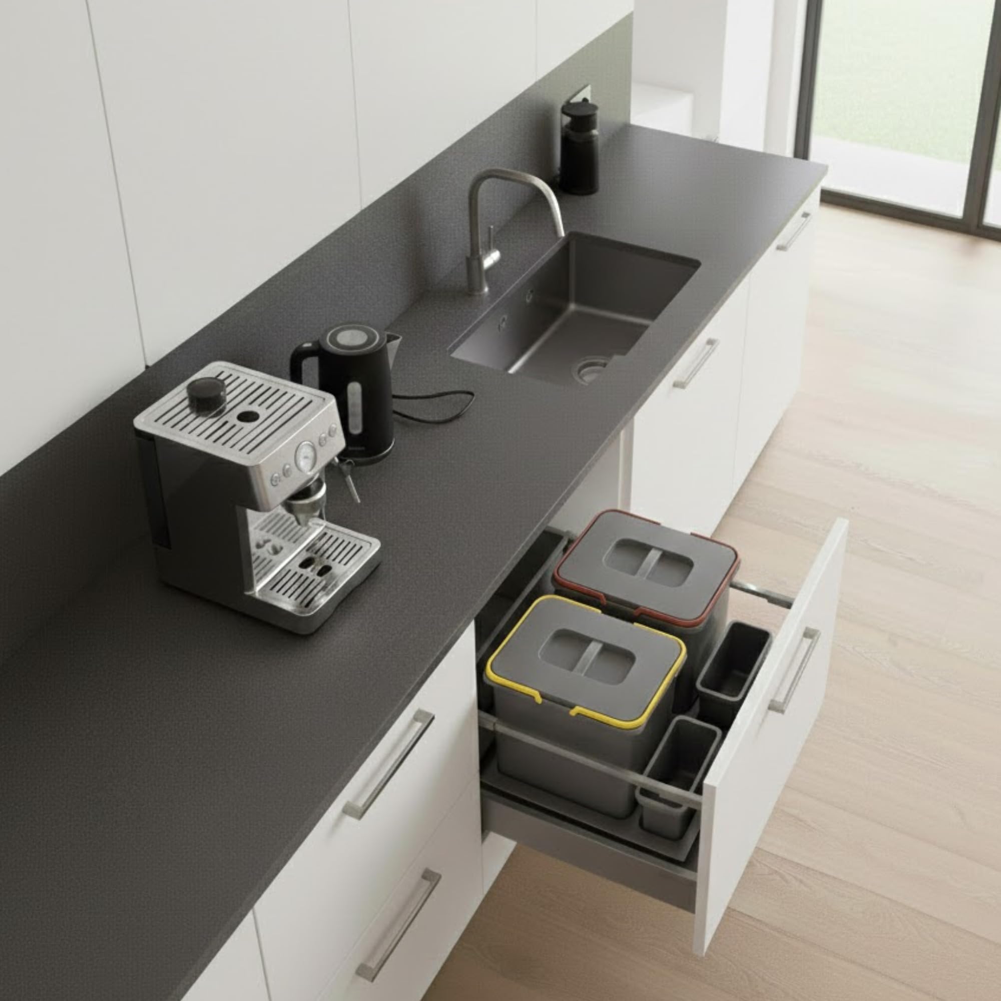 Mülltrennsystem Küche für 60 cm Schrank 2-fach 52,5x49x30 cm (2x 15L) mit Deckel Einbau Abfallsammler für Schubladen Küchenabfalleimer Abfalltrennung Abfallbehälter Set Silberfarben