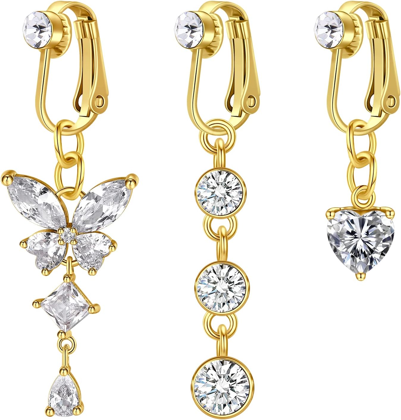 D.Bella Fake Belly Button Piercing Clip On Belly Button Rings Surgical Steel Fake Earrings Diamond Butterfly Heart Non Piercing Jewelry Gold Metal Metal Stainless Steel, Metal, Stainless Steel