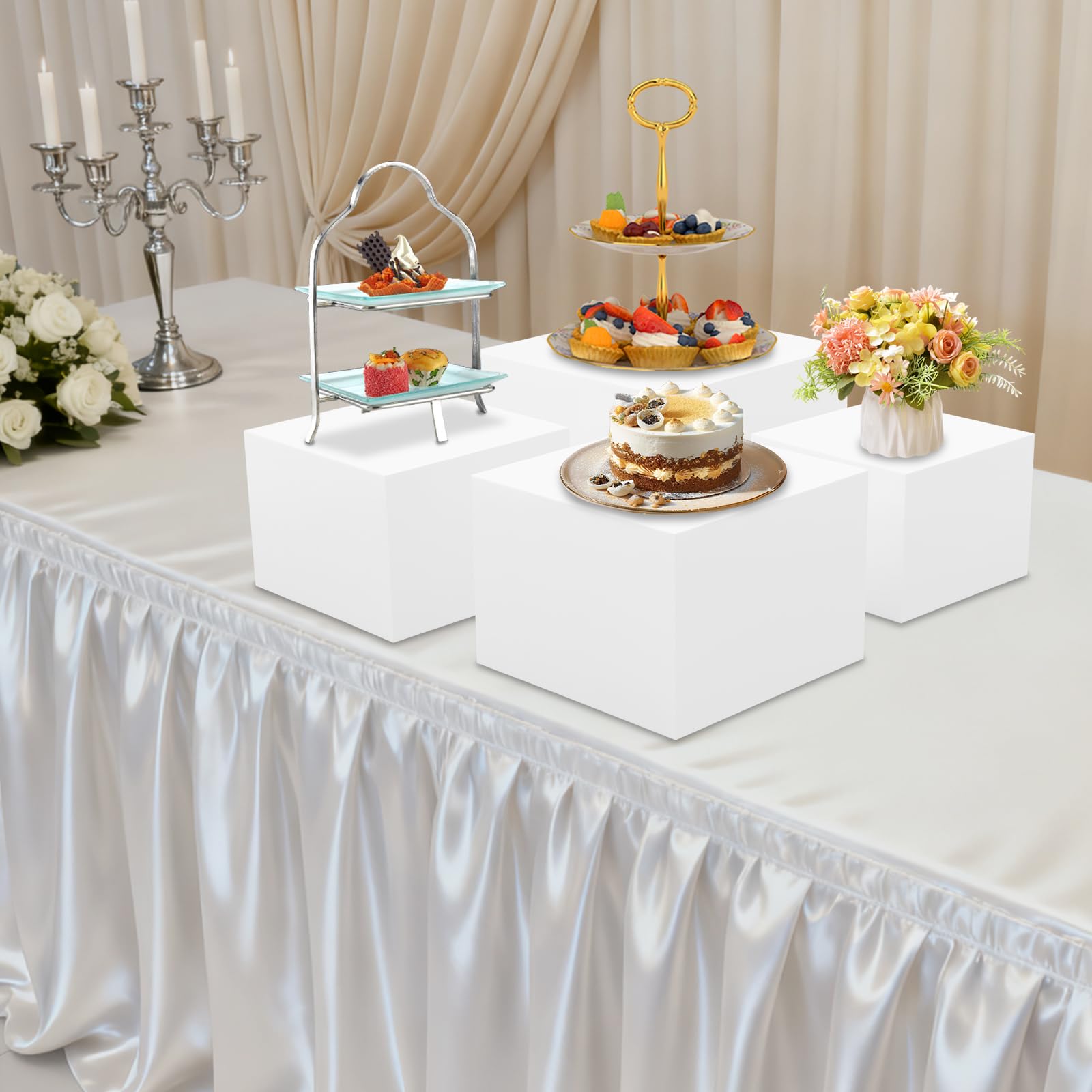 Lot de 4 présentoirs à gâteau en acrylique blanc en 4 tailles (20,4/20,35/30,54 cm) empilables pour cupcakes, objets de collection, bijoux et cosmétiques