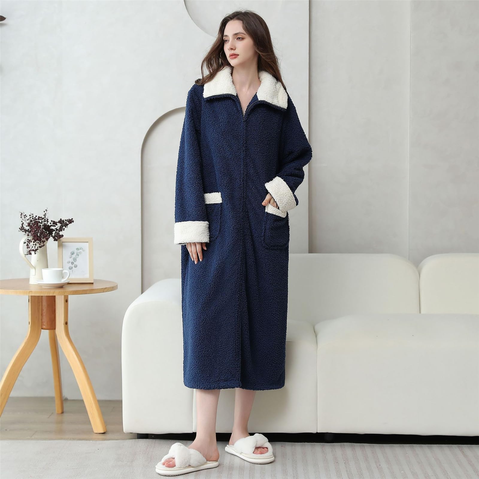 Batas de felpa con cuello delantero con, Navy blue M