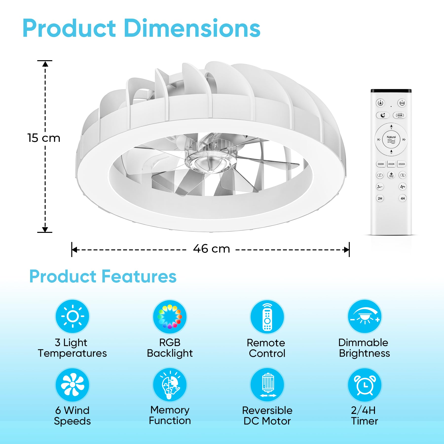 46cm Ventilatore da Soffitto con Luce e Telecomando, 6 Velocità Silenzioso Lampadario con Ventilatore da Soffitto, Timer, 3000k-6500k & RGB Plafoniera Ventilatore per Camera da Letto Soggiorno