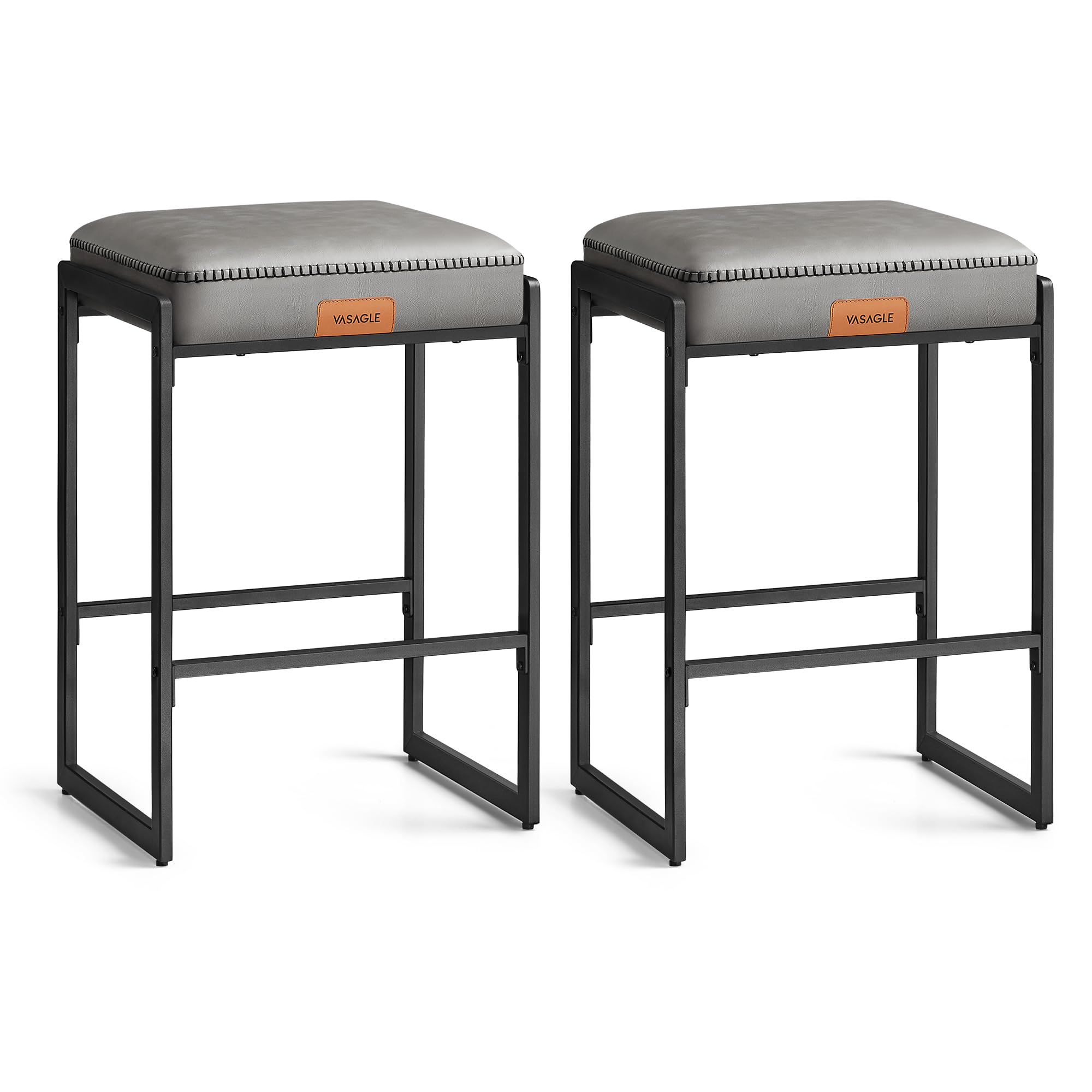 VASAGLE EKHO Collection – Set of 2 Bar Stools, Kitchen Stools, Faux Leather with Stitching, Modern Middle Century, 26 Inch High, Home Bar, Dining Room, Easy Assembly, Dove Grey LBC086G01