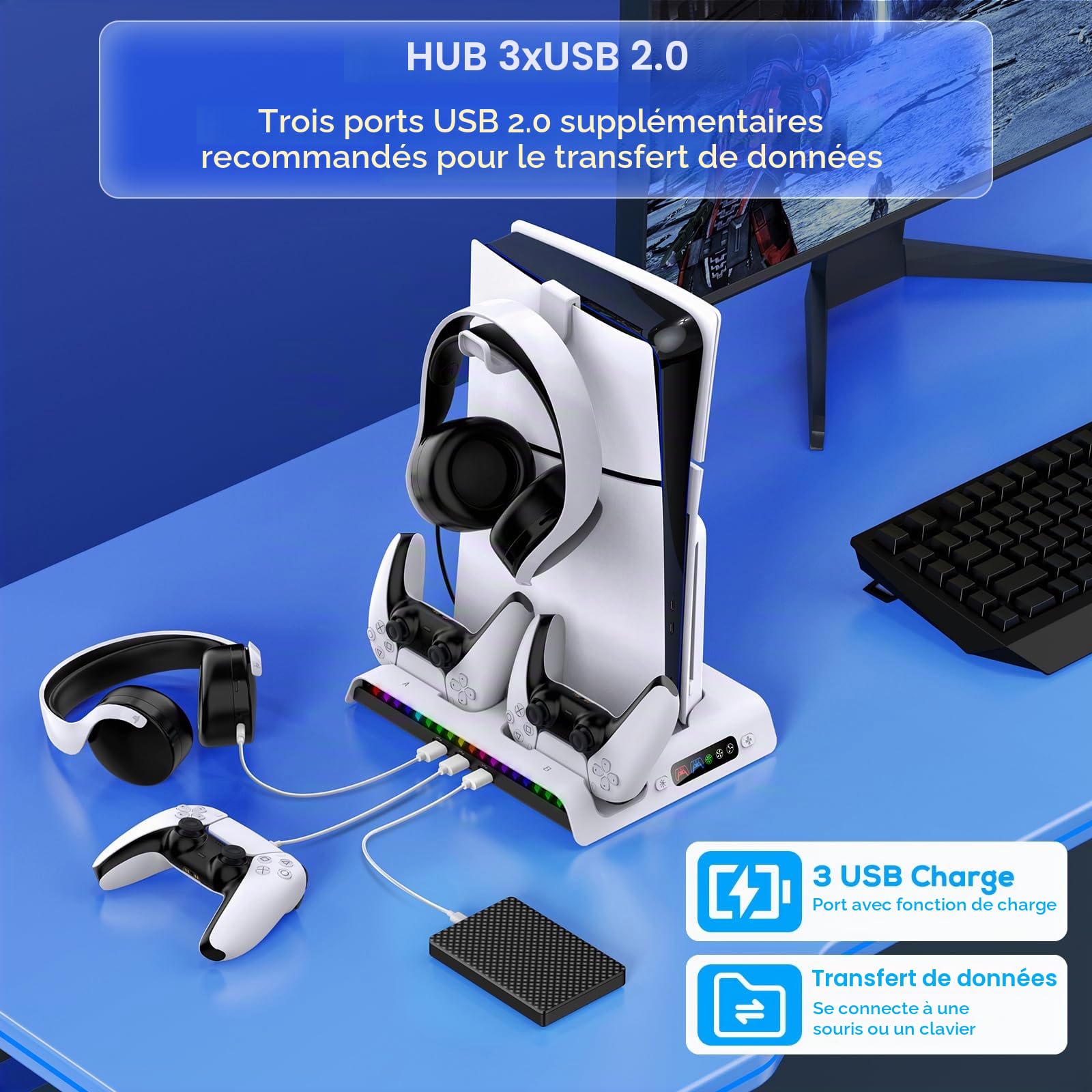 RGB Support de Refroidissement pour PS5 Slim avec Station de Charge