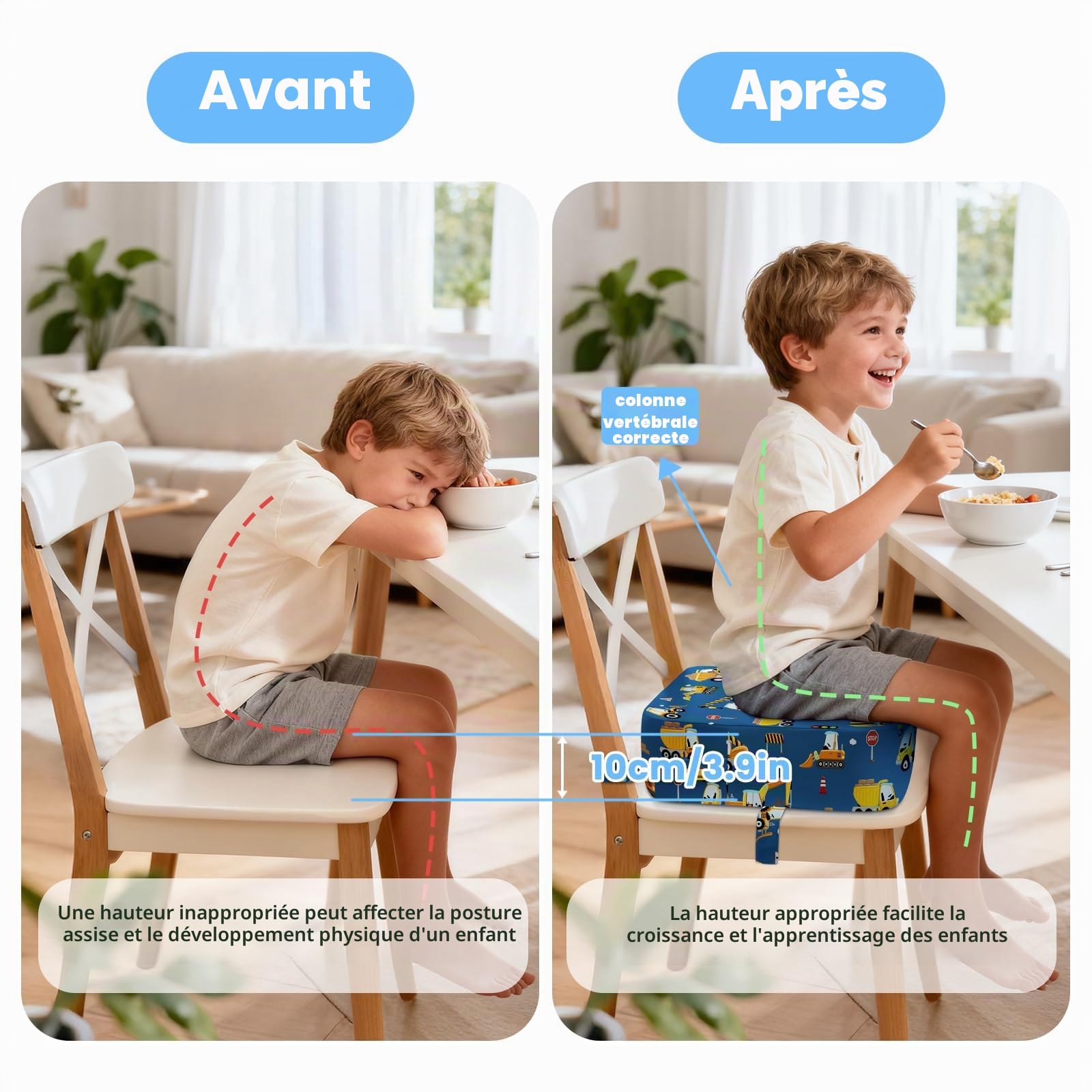 Rehausseur Chaise Enfant, Lavable Coussin Rehausseur avec 2 Sangles Réhausseurs pour Enfant 32 x 32 x 10 cm - Excavatrice