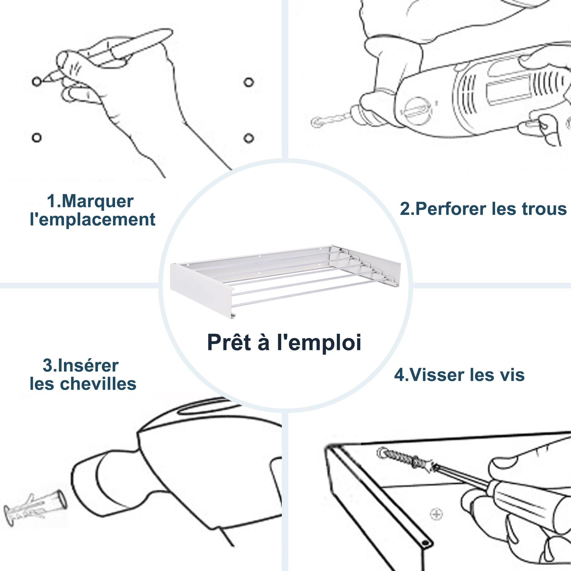 FUSHITON Séchoir Mural Pliable 5 Barres, Porte-Serviettes Pliable en Aluminium + Acier Carbone Revêtu par Poudre, Gain de Place pour Salle de Bain & Balcon, Charge Max 10 kg, Blanc