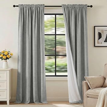 H.VERSAILTEX Linen Look 100% Blackout Curtains 84 Inches Long for Bedroom Rod Pocket 42 Inches Wide Linen Textured Thick Window Curtain Drapes with White Backing, Dove Gray, 2 Panels